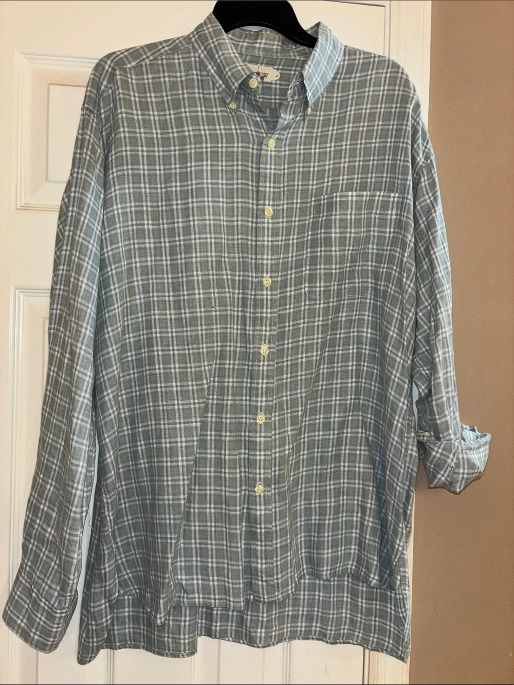 J. Crew Linen Green Plaid Button-Down Mens Shirt large